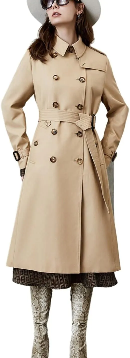Kwoki Women's Long Trench Coat Double Breasted Classic Slim Lapel Overcoat with Belt