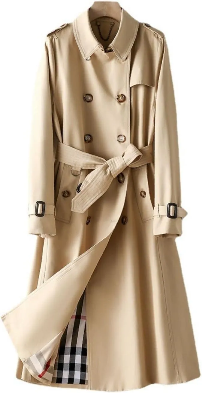 Kwoki Women's Long Trench Coat Double Breasted Classic Slim Lapel Overcoat with Belt