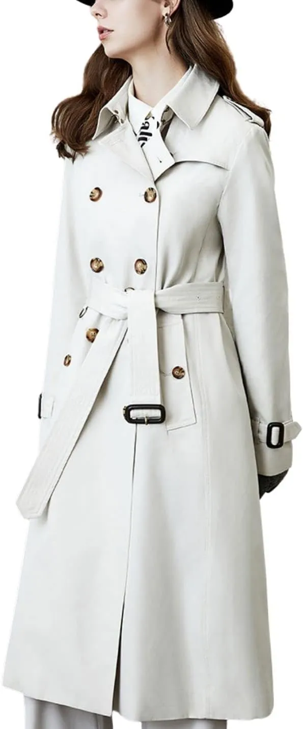 Kwoki Women's Long Trench Coat Double Breasted Classic Slim Lapel Overcoat with Belt