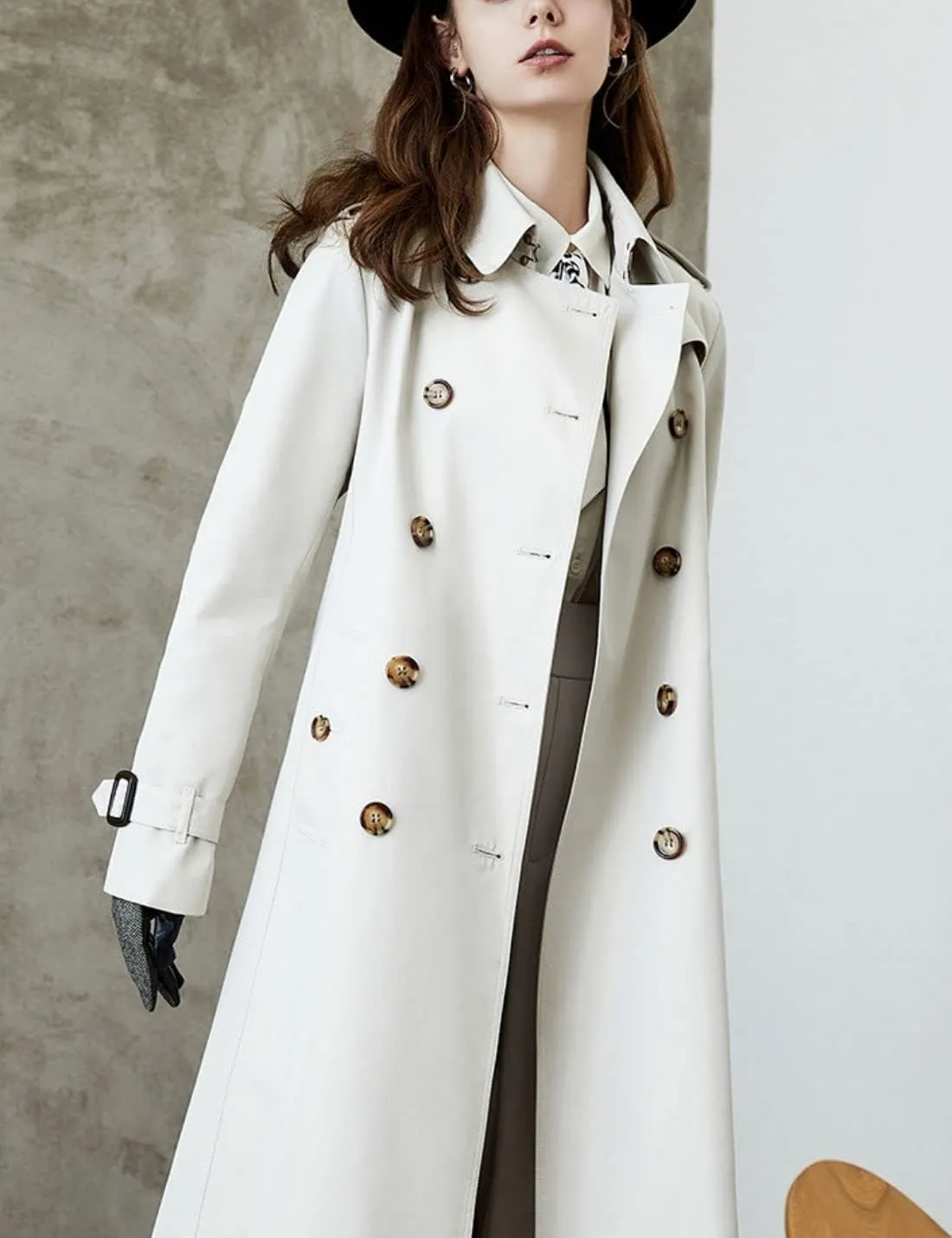 Kwoki Women's Long Trench Coat Double Breasted Classic Slim Lapel Overcoat with Belt
