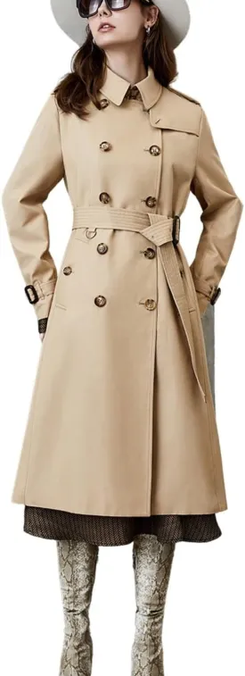 Kwoki Women's Long Trench Coat Double Breasted Classic Slim Lapel Overcoat with Belt