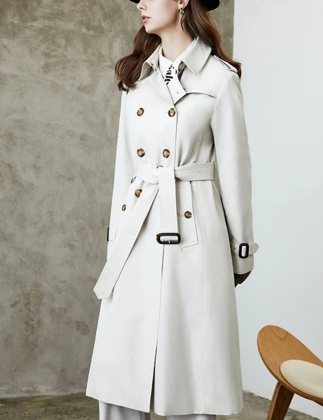 Kwoki Women's Long Trench Coat Double Breasted Classic Slim Lapel Overcoat with Belt