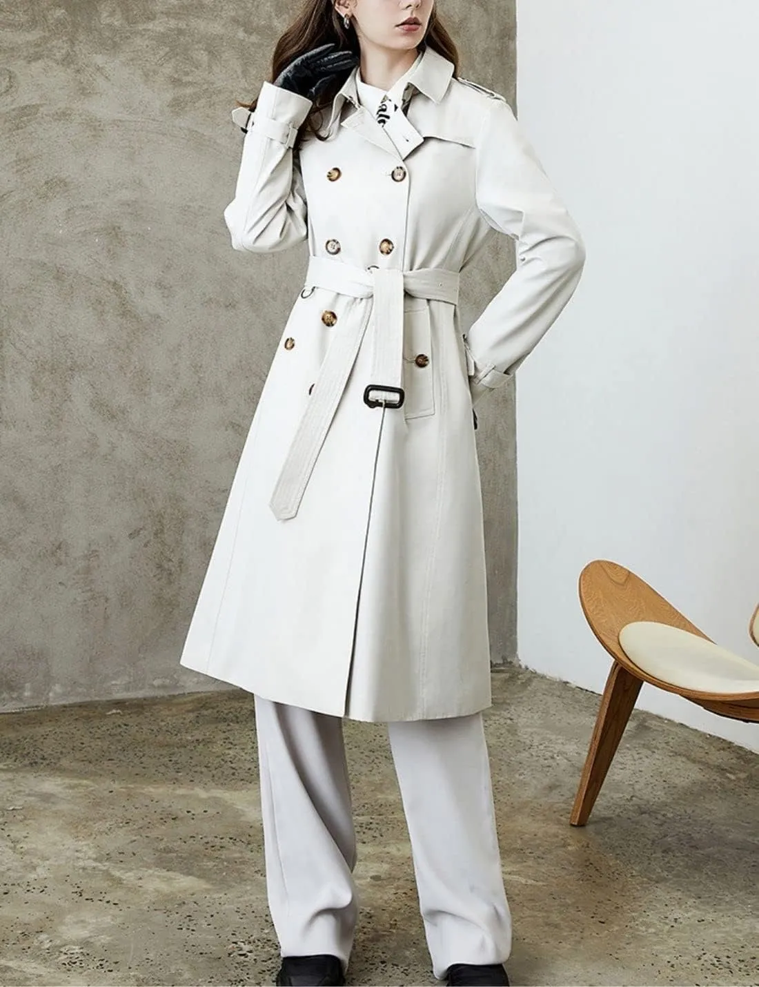 Kwoki Women's Long Trench Coat Double Breasted Classic Slim Lapel Overcoat with Belt