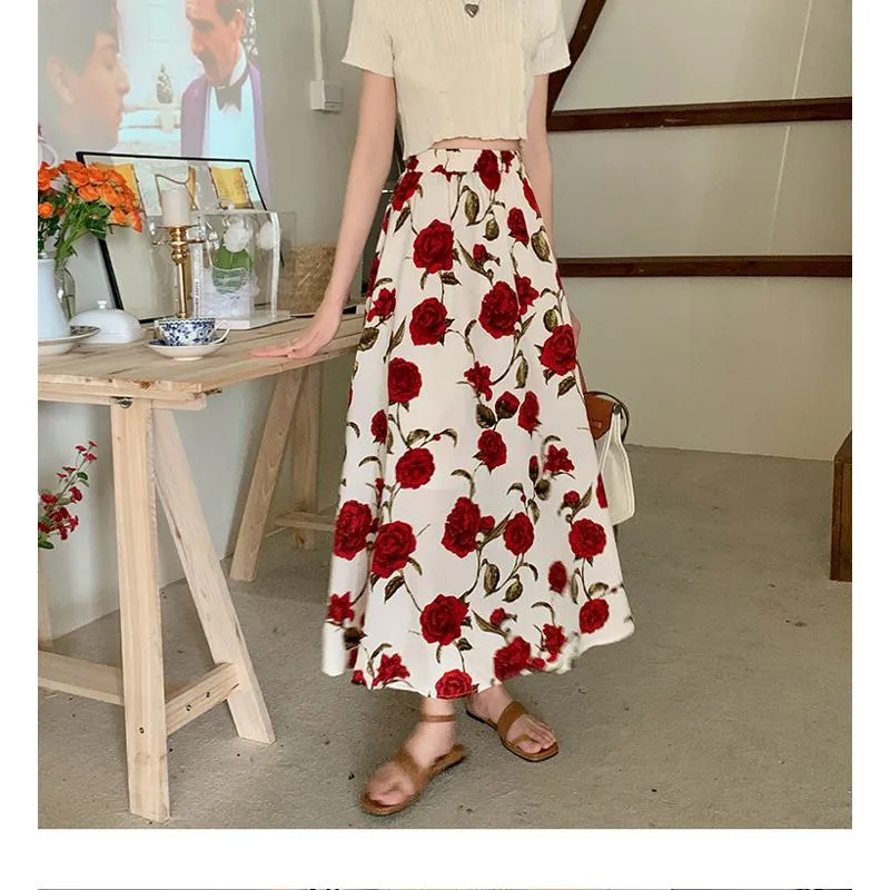 Ladylike Versatile Floral Full-Skirt Style Elastic Waist Skirt