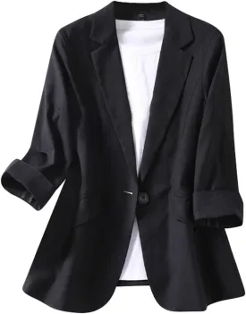 Linen Blazers for Women Business Casual Dressy Lapel Suit Blazer 3/4 Sleeve Lightweight Spring Summer Blazer Jackets