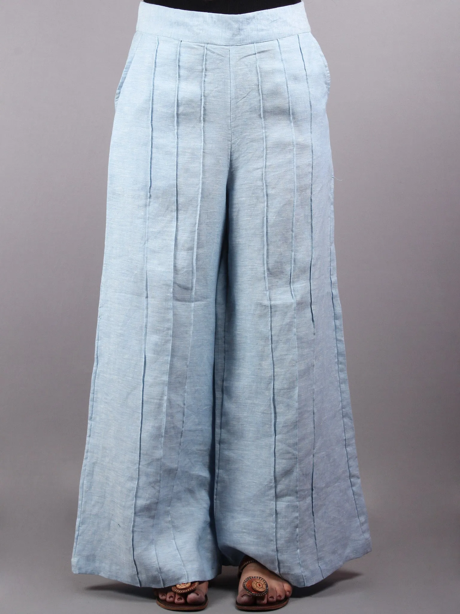 Linen light blue Elasticated Waist Pleated Cotton Palazzo - P1117086