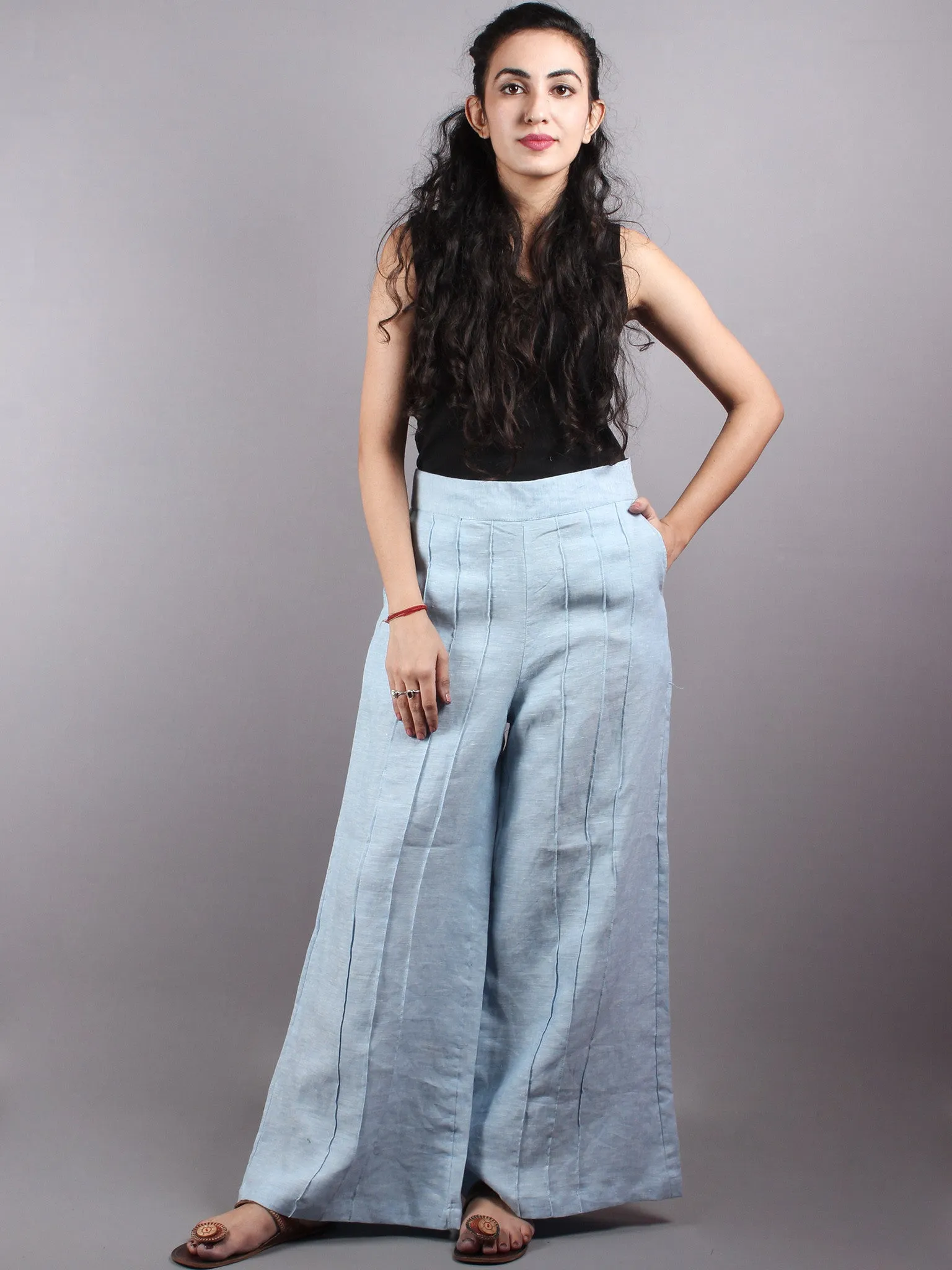 Linen light blue Elasticated Waist Pleated Cotton Palazzo - P1117086