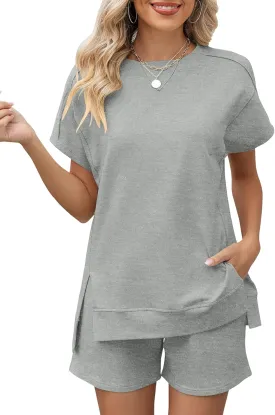 LOMON Womens Fashion 2 Piece Outfits Sweatsuits 2025 Summer Short Sleeve Loungewear Tracksuit Round Neck Lounge Shorts Sets