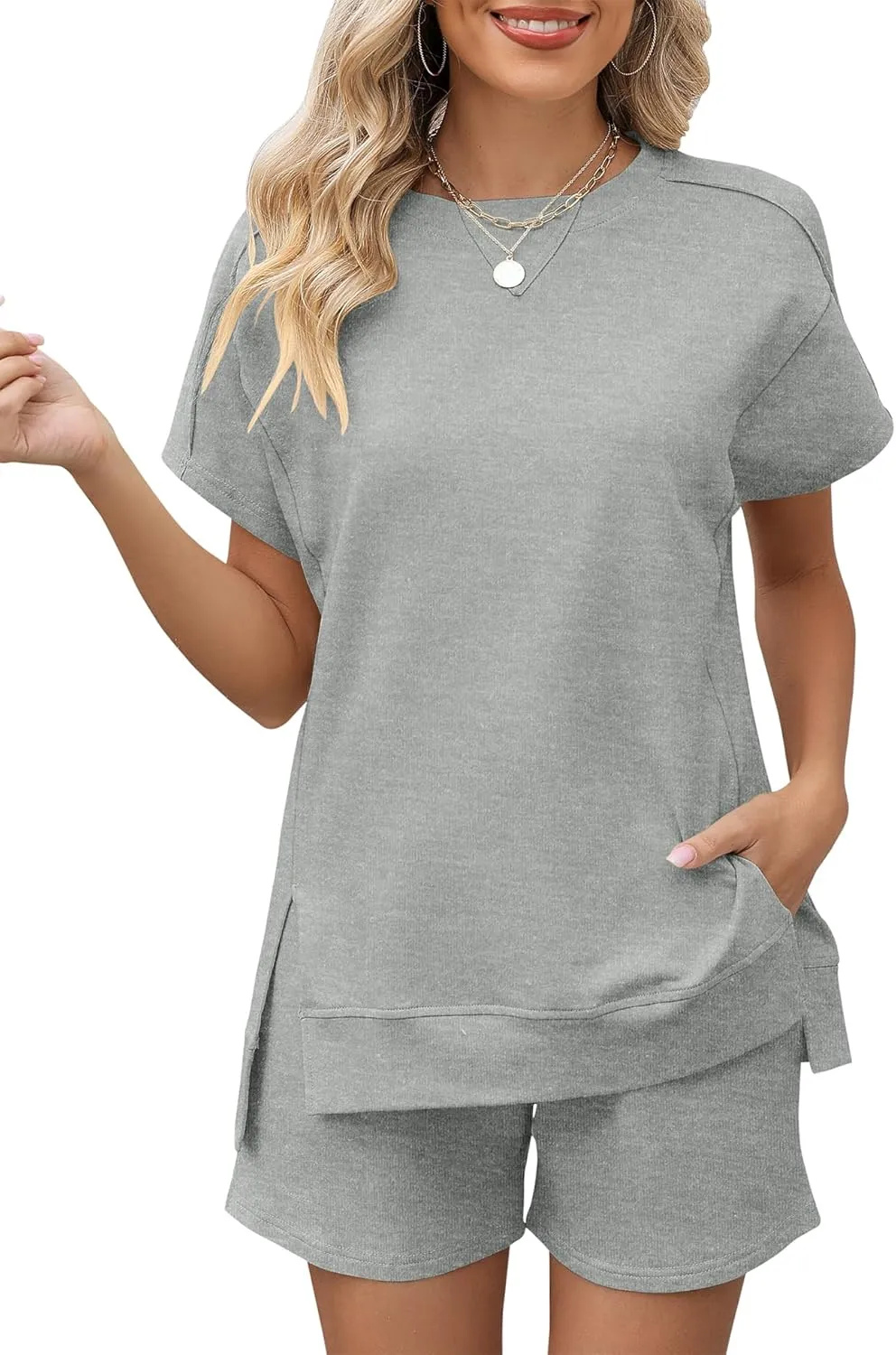 LOMON Womens Fashion 2 Piece Outfits Sweatsuits 2025 Summer Short Sleeve Loungewear Tracksuit Round Neck Lounge Shorts Sets