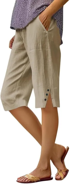 Long Shorts for Women Lightweight Linen Capri Pants Casual Loose Elastic Waist Bermuda Shorts Summer Capris Pants