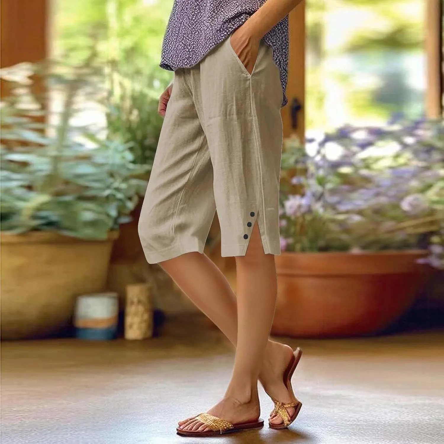 Long Shorts for Women Lightweight Linen Capri Pants Casual Loose Elastic Waist Bermuda Shorts Summer Capris Pants