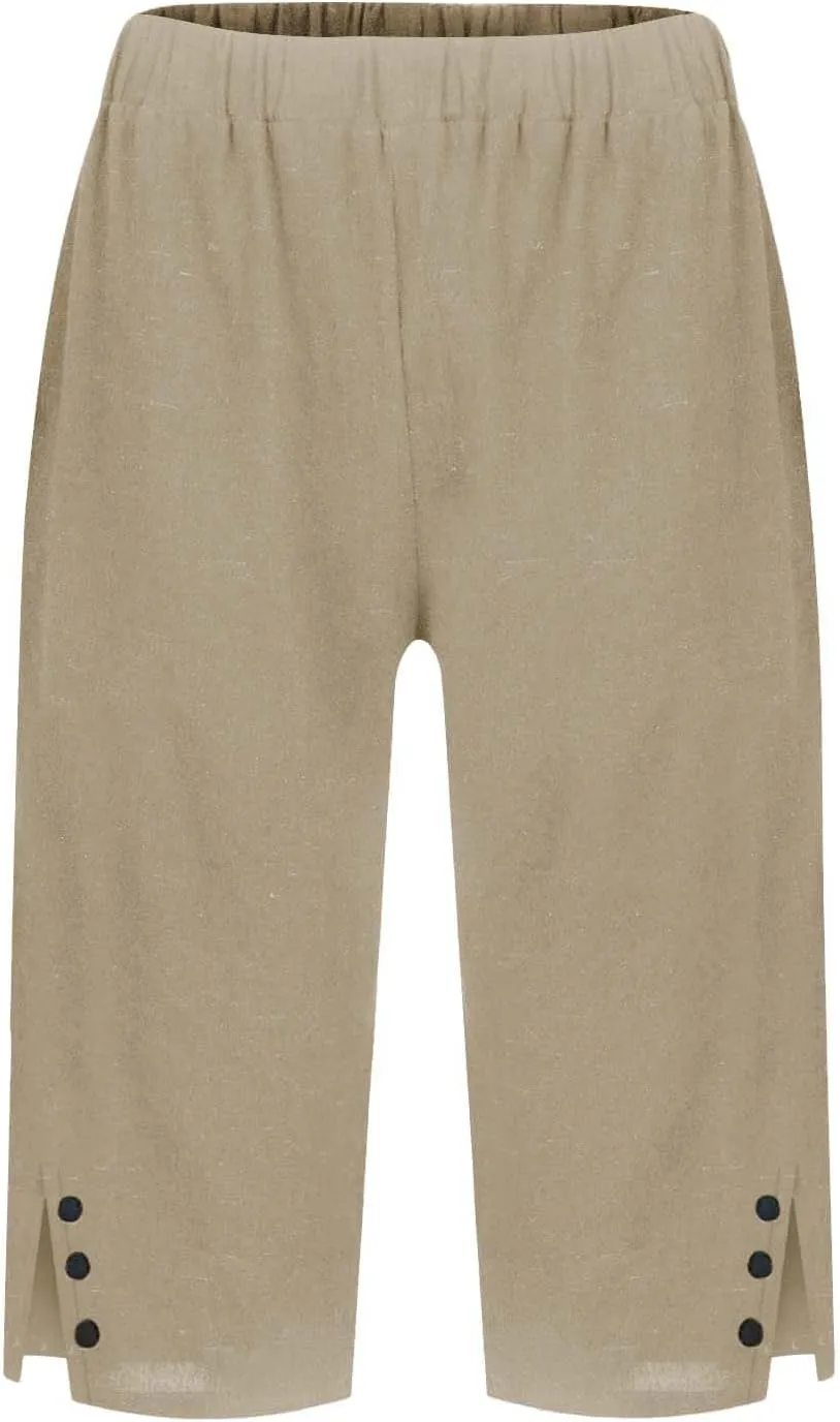 Long Shorts for Women Lightweight Linen Capri Pants Casual Loose Elastic Waist Bermuda Shorts Summer Capris Pants