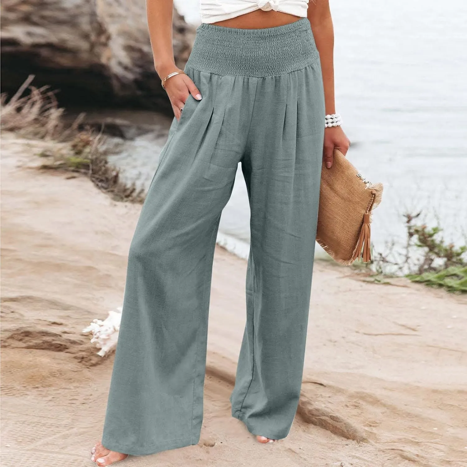 LRMQS Palazzo Pants for Women Casual Plus Size Wide Leg High Waist Lounge Cotton Linen Pant 2025 Beach Gauze Summer Clothes