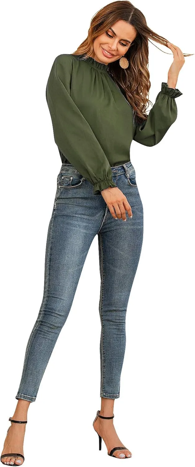 LYANER Women's Frill Mock Neck Flounce Long Sleeve Solid Blouse Office Shirt Top