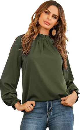 LYANER Women's Frill Mock Neck Flounce Long Sleeve Solid Blouse Office Shirt Top