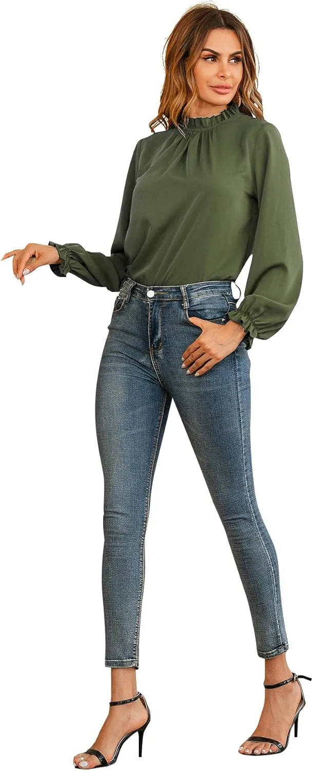 LYANER Women's Frill Mock Neck Flounce Long Sleeve Solid Blouse Office Shirt Top
