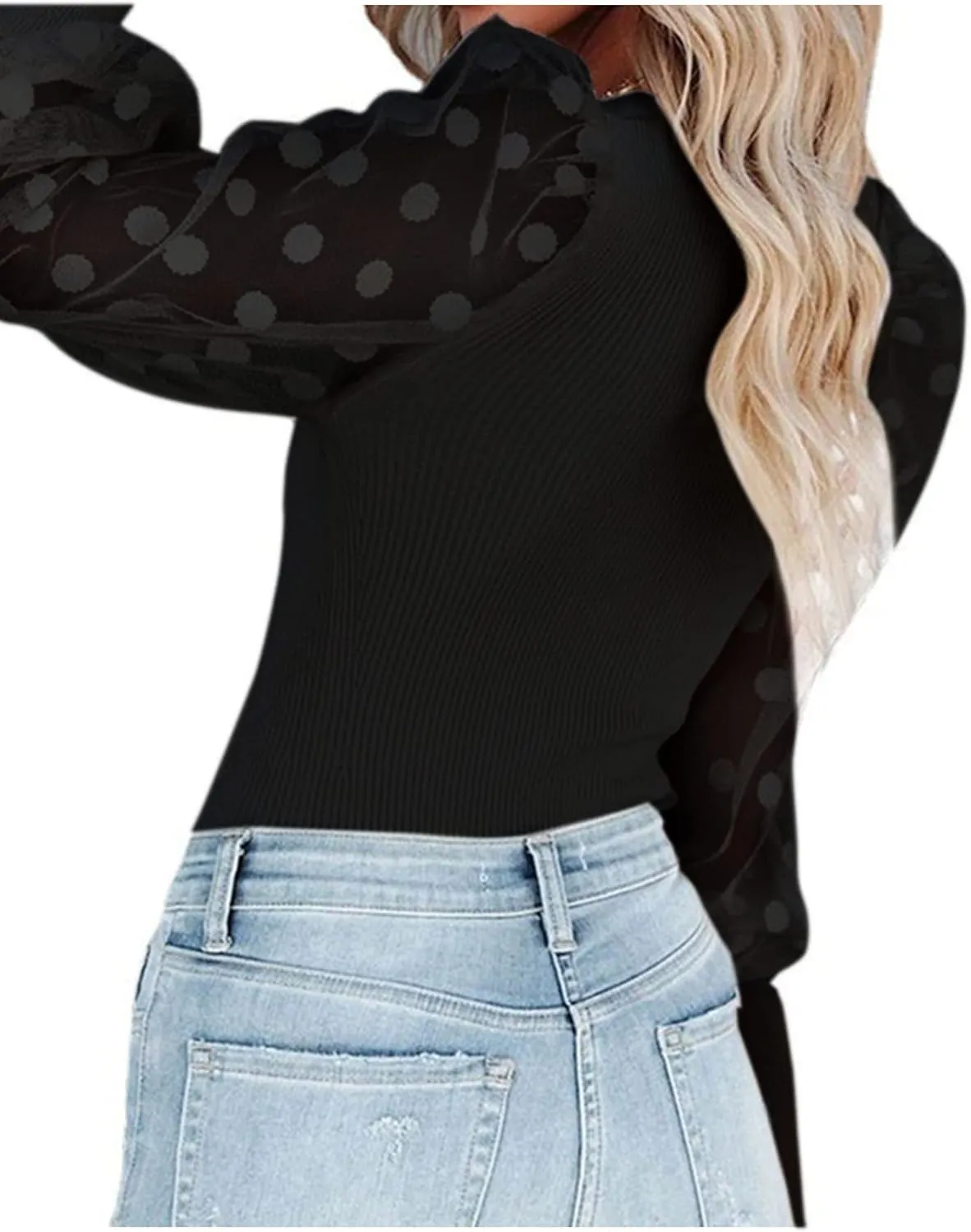 LYANER Womens Square Neck Blouse Sheer Mesh Lantern Sleeve Polka Dot Knit Business Casual Tops Shirts