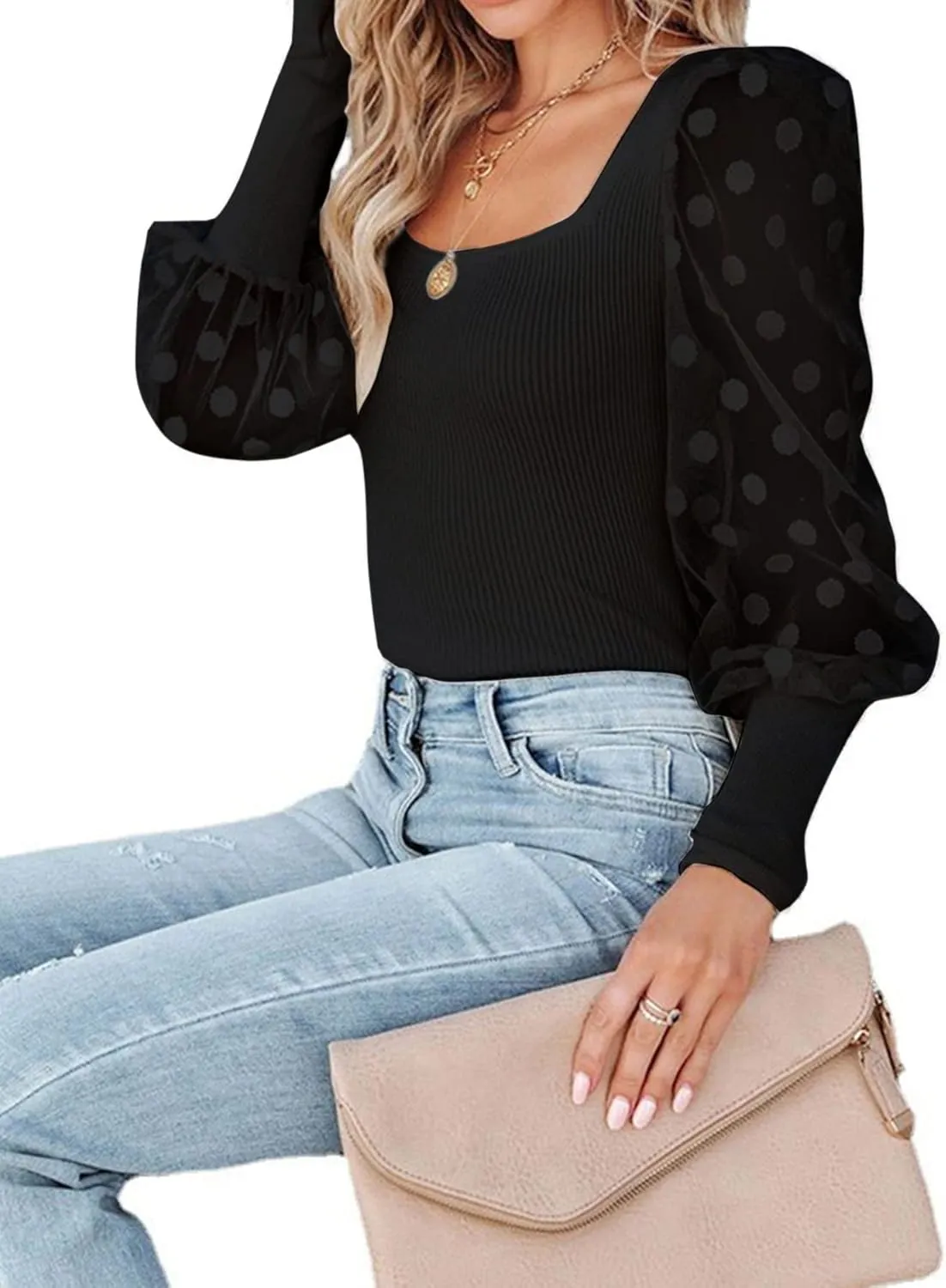 LYANER Womens Square Neck Blouse Sheer Mesh Lantern Sleeve Polka Dot Knit Business Casual Tops Shirts