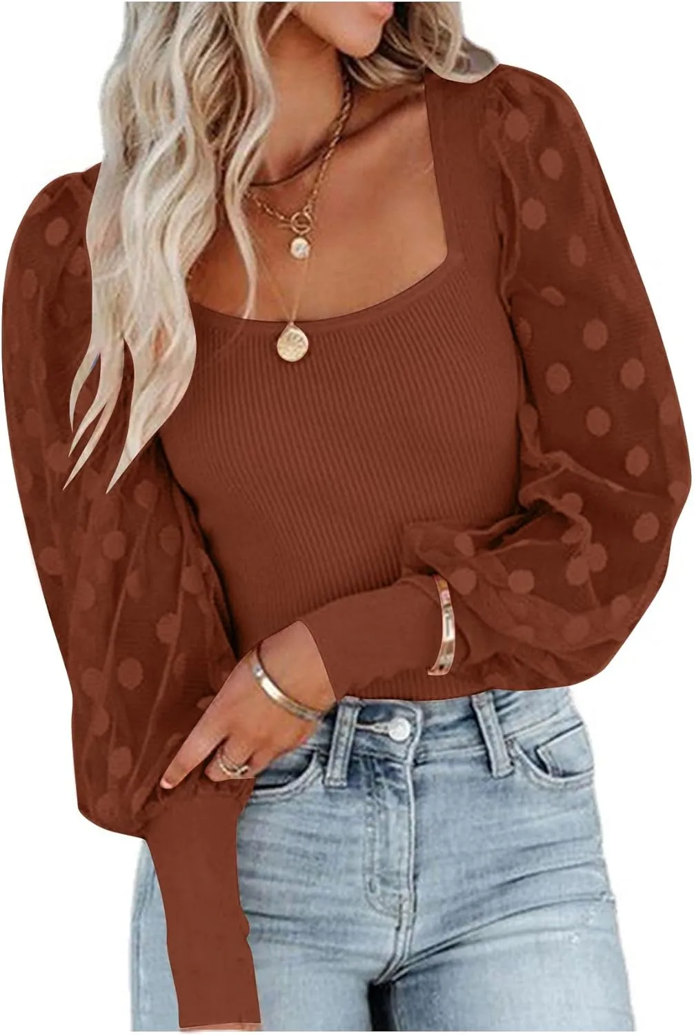 LYANER Womens Square Neck Blouse Sheer Mesh Lantern Sleeve Polka Dot Knit Business Casual Tops Shirts