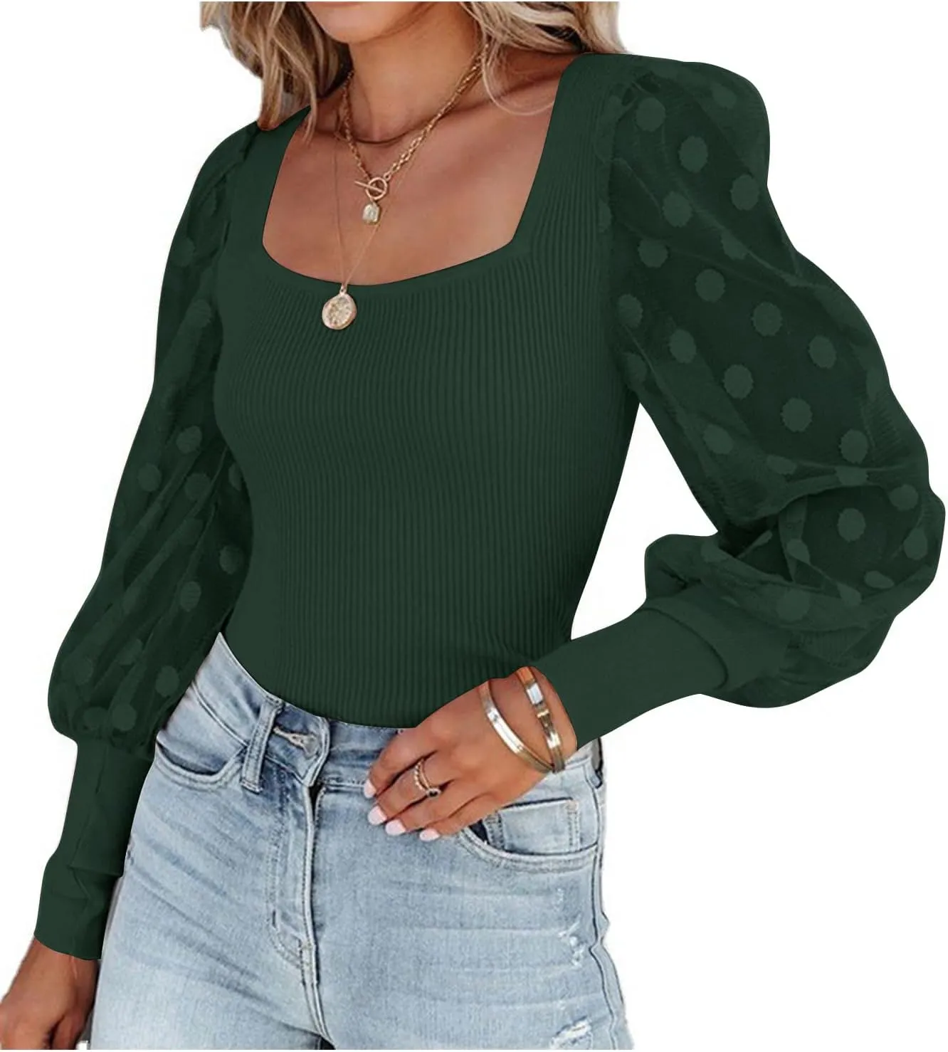 LYANER Womens Square Neck Blouse Sheer Mesh Lantern Sleeve Polka Dot Knit Business Casual Tops Shirts
