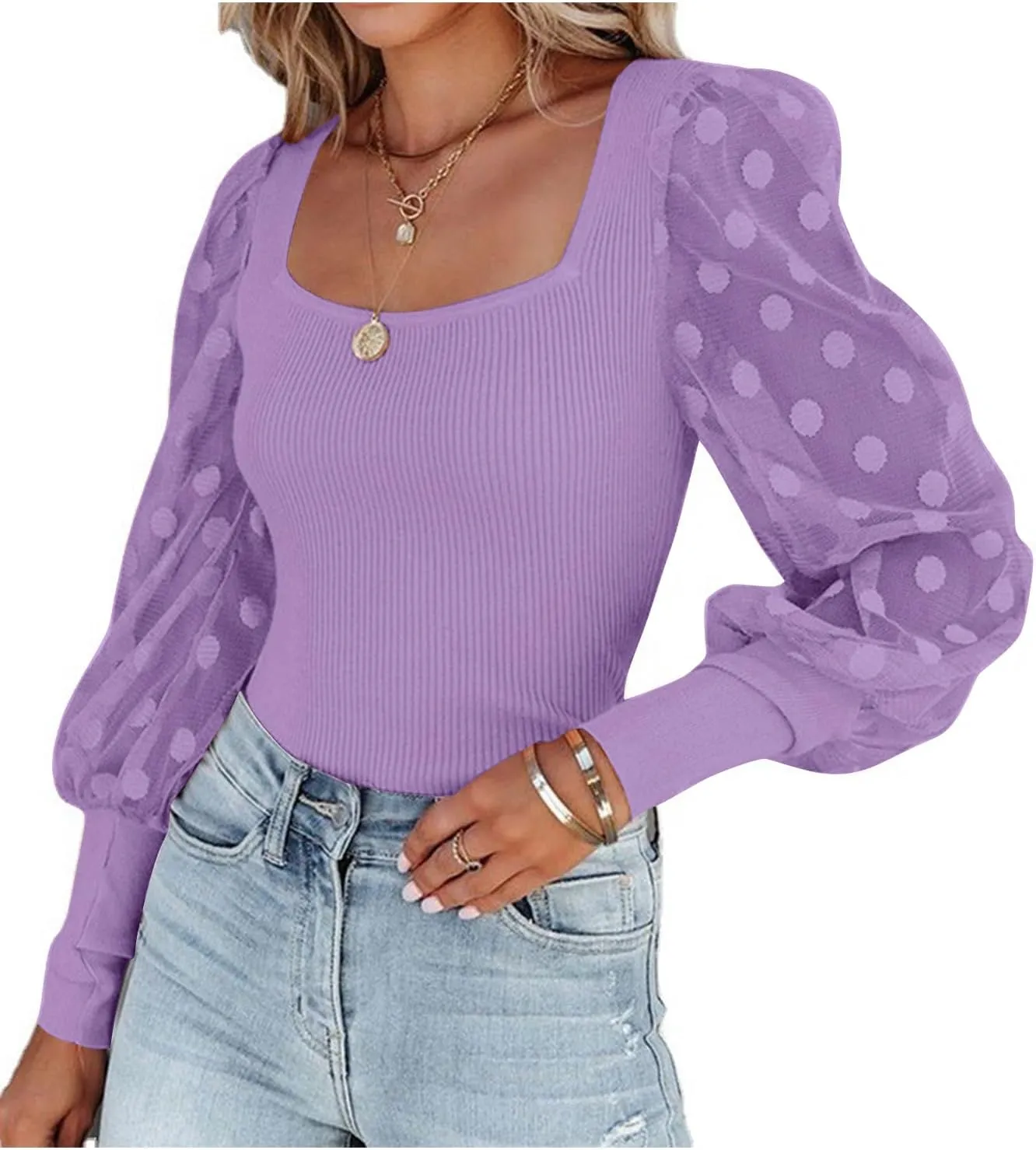 LYANER Womens Square Neck Blouse Sheer Mesh Lantern Sleeve Polka Dot Knit Business Casual Tops Shirts