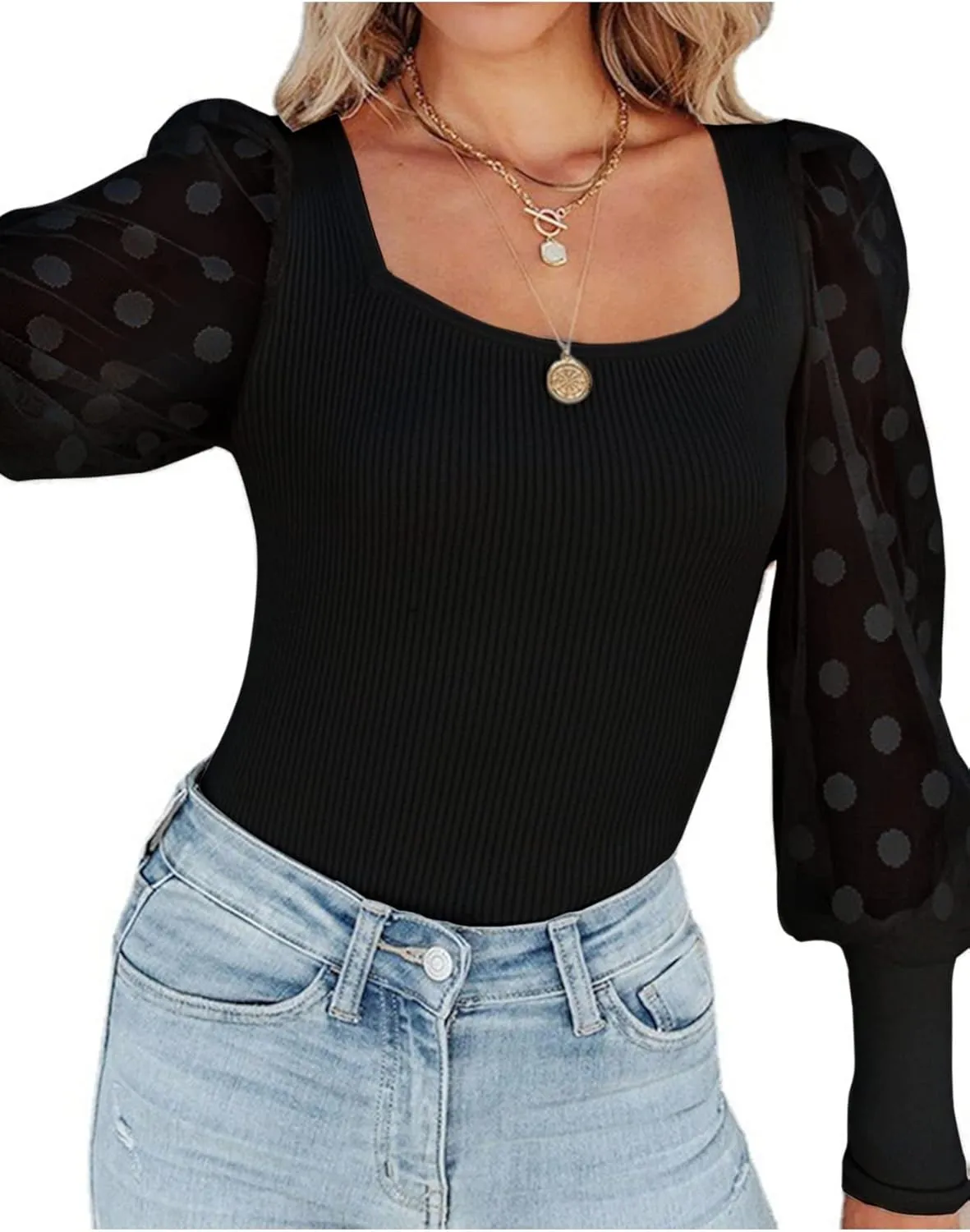 LYANER Womens Square Neck Blouse Sheer Mesh Lantern Sleeve Polka Dot Knit Business Casual Tops Shirts