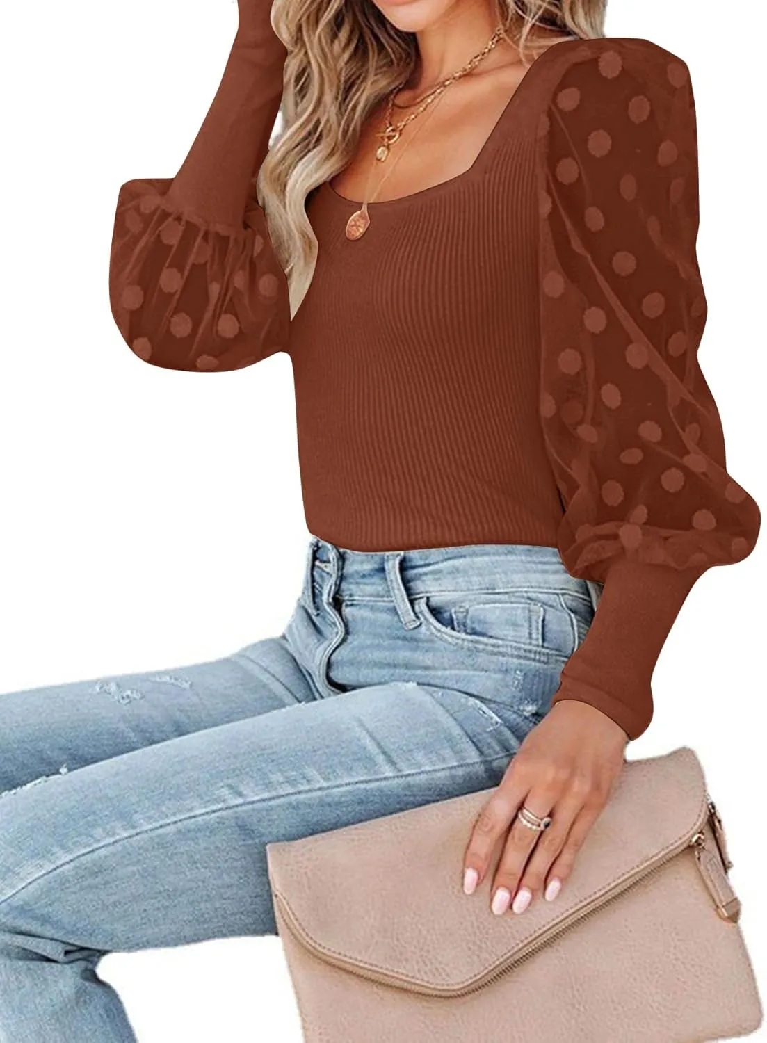 LYANER Womens Square Neck Blouse Sheer Mesh Lantern Sleeve Polka Dot Knit Business Casual Tops Shirts