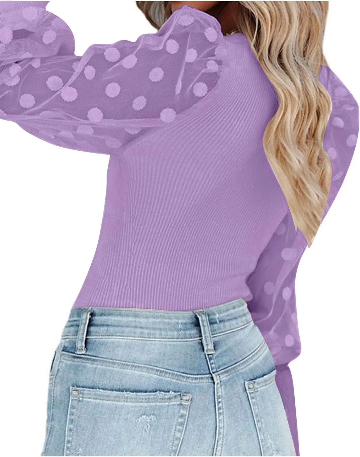 LYANER Womens Square Neck Blouse Sheer Mesh Lantern Sleeve Polka Dot Knit Business Casual Tops Shirts