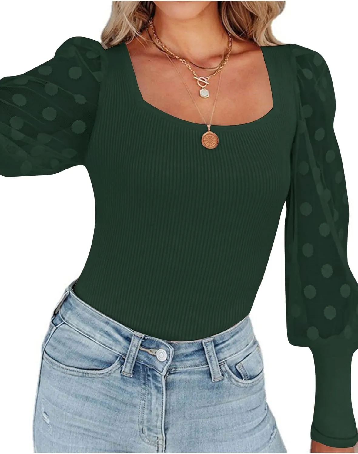 LYANER Womens Square Neck Blouse Sheer Mesh Lantern Sleeve Polka Dot Knit Business Casual Tops Shirts