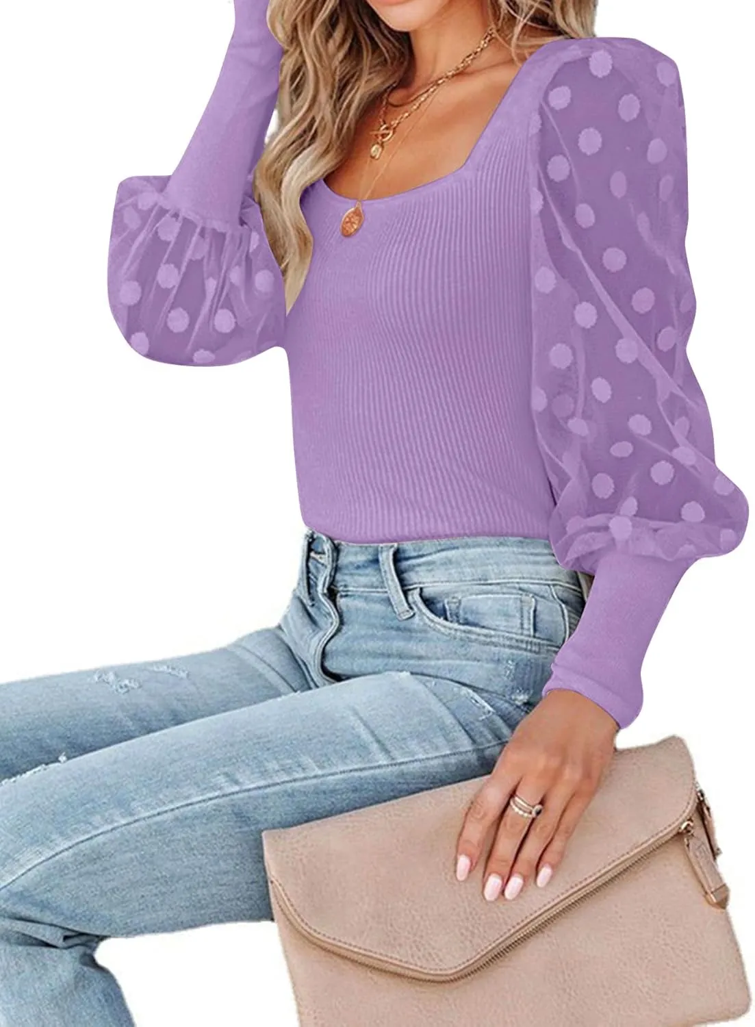 LYANER Womens Square Neck Blouse Sheer Mesh Lantern Sleeve Polka Dot Knit Business Casual Tops Shirts