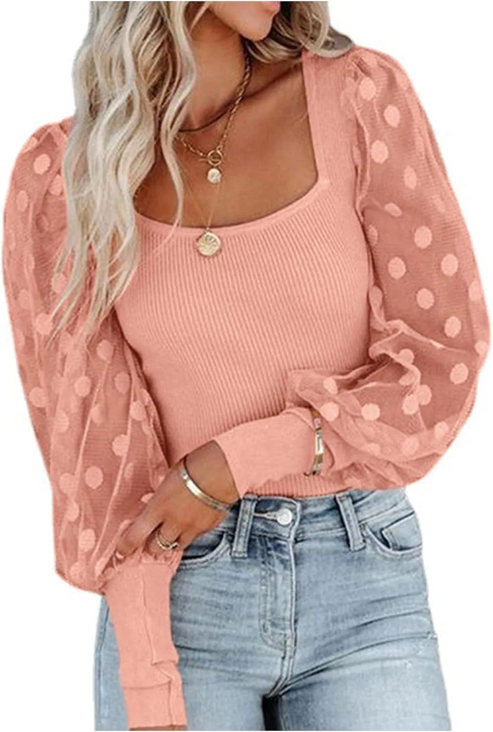 LYANER Womens Square Neck Blouse Sheer Mesh Lantern Sleeve Polka Dot Knit Business Casual Tops Shirts
