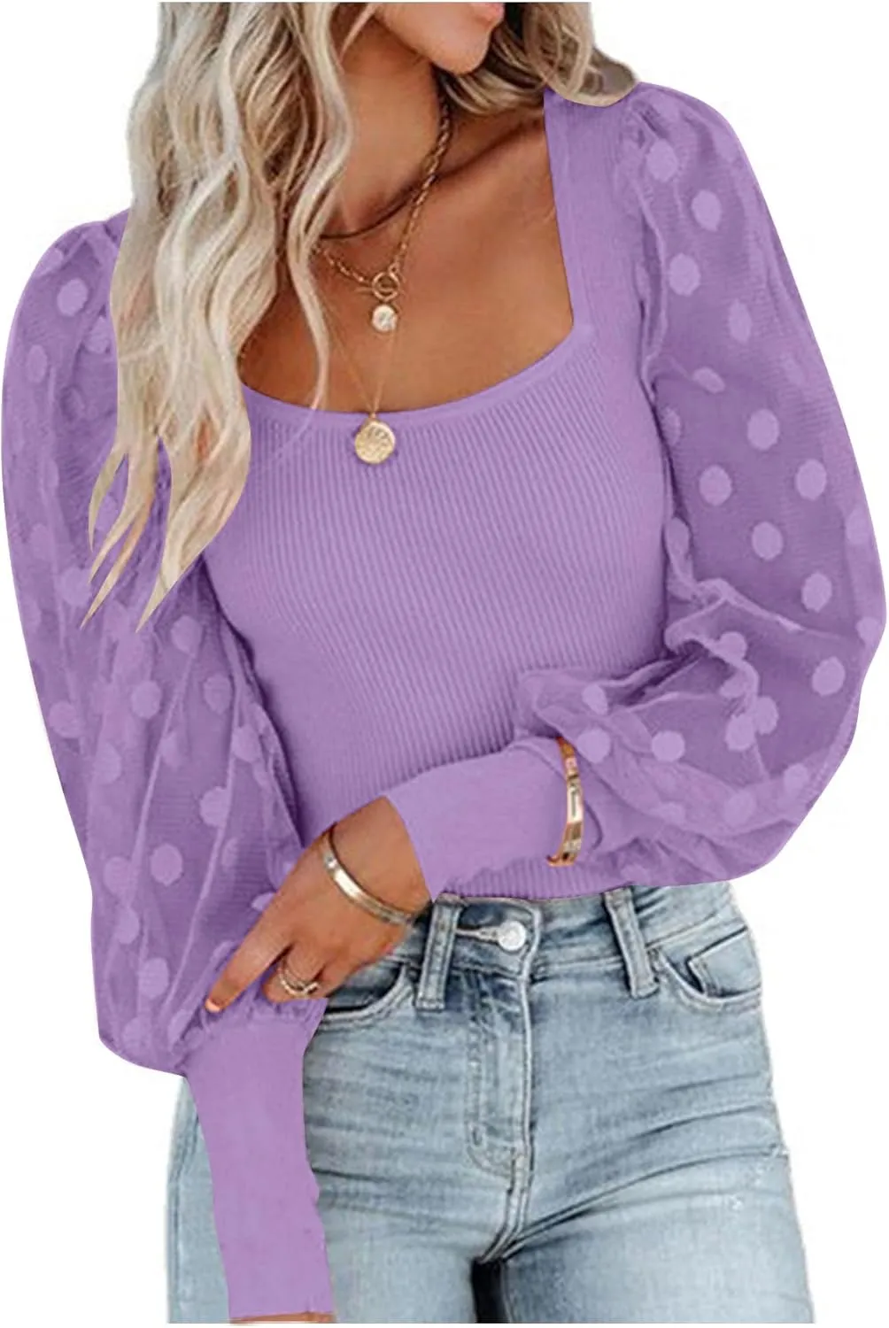 LYANER Womens Square Neck Blouse Sheer Mesh Lantern Sleeve Polka Dot Knit Business Casual Tops Shirts