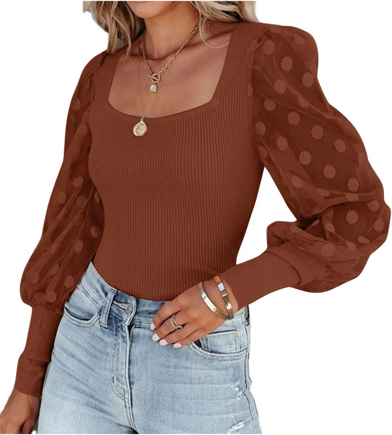 LYANER Womens Square Neck Blouse Sheer Mesh Lantern Sleeve Polka Dot Knit Business Casual Tops Shirts