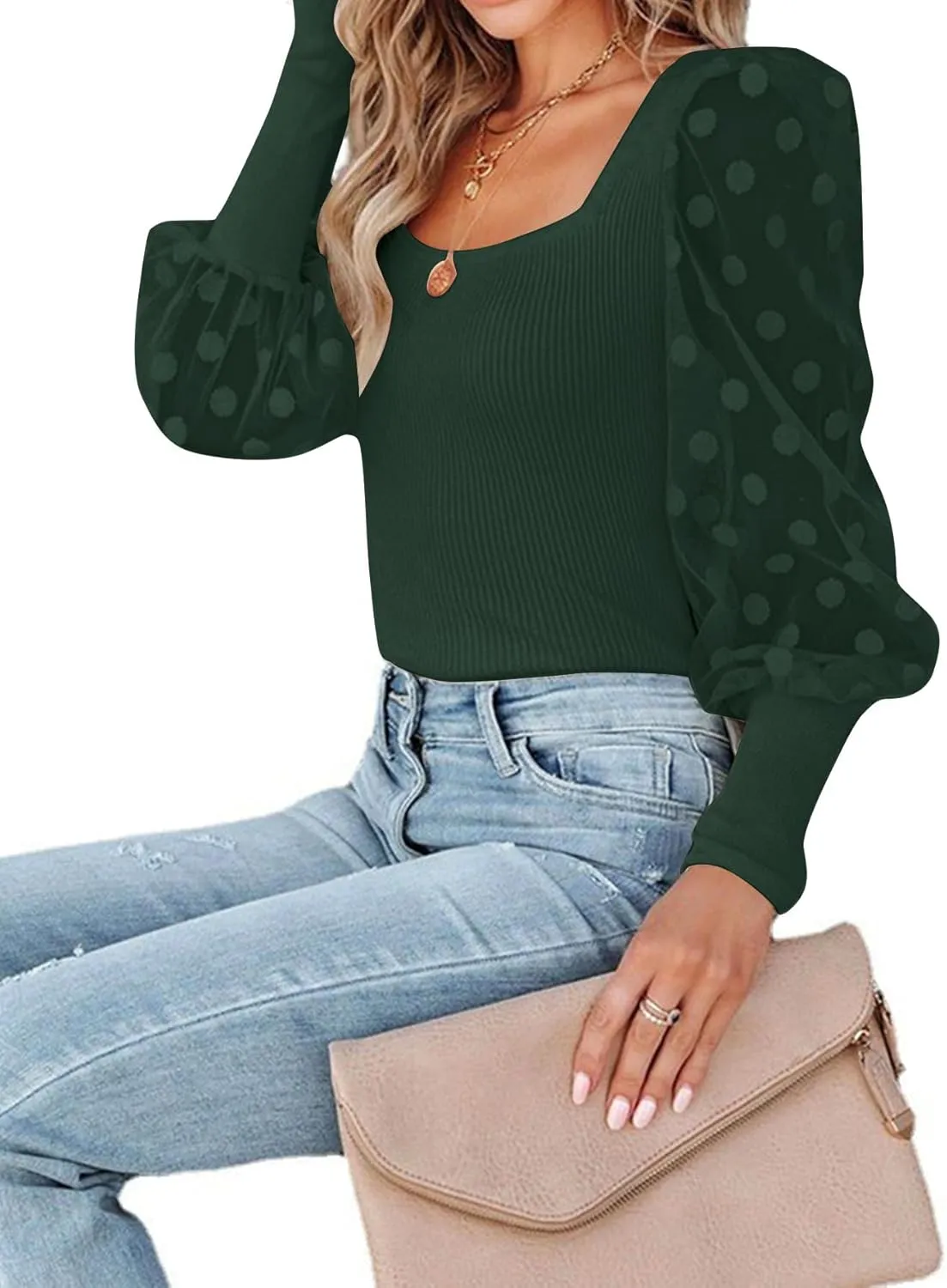LYANER Womens Square Neck Blouse Sheer Mesh Lantern Sleeve Polka Dot Knit Business Casual Tops Shirts
