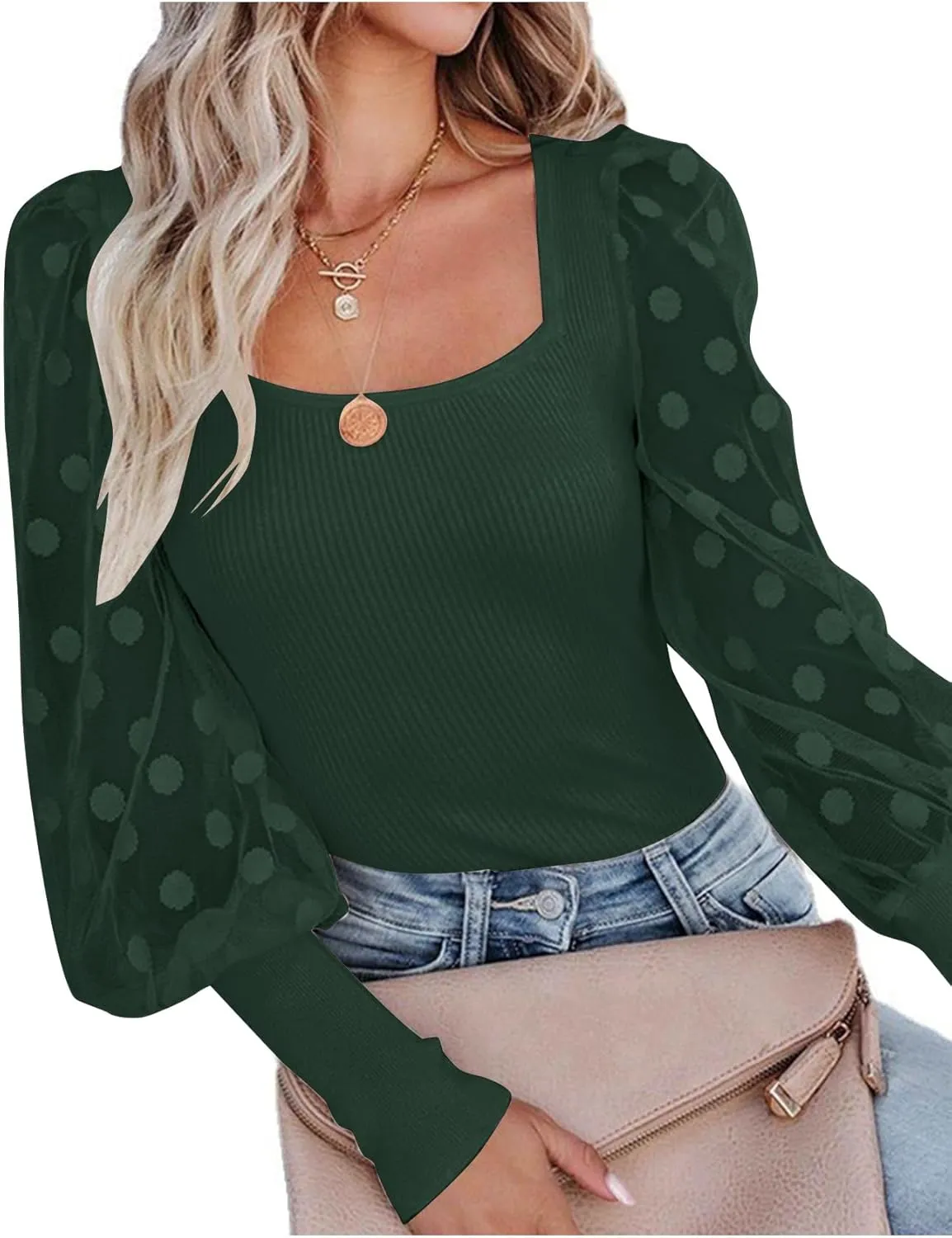 LYANER Womens Square Neck Blouse Sheer Mesh Lantern Sleeve Polka Dot Knit Business Casual Tops Shirts