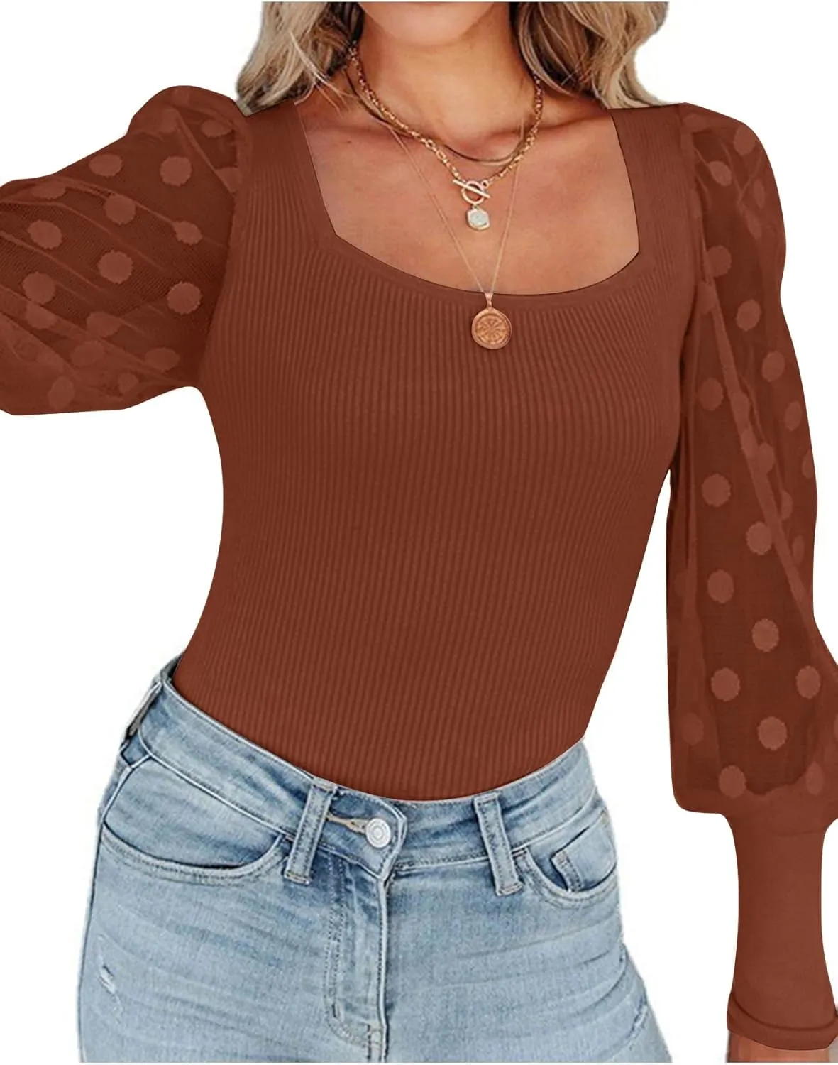 LYANER Womens Square Neck Blouse Sheer Mesh Lantern Sleeve Polka Dot Knit Business Casual Tops Shirts