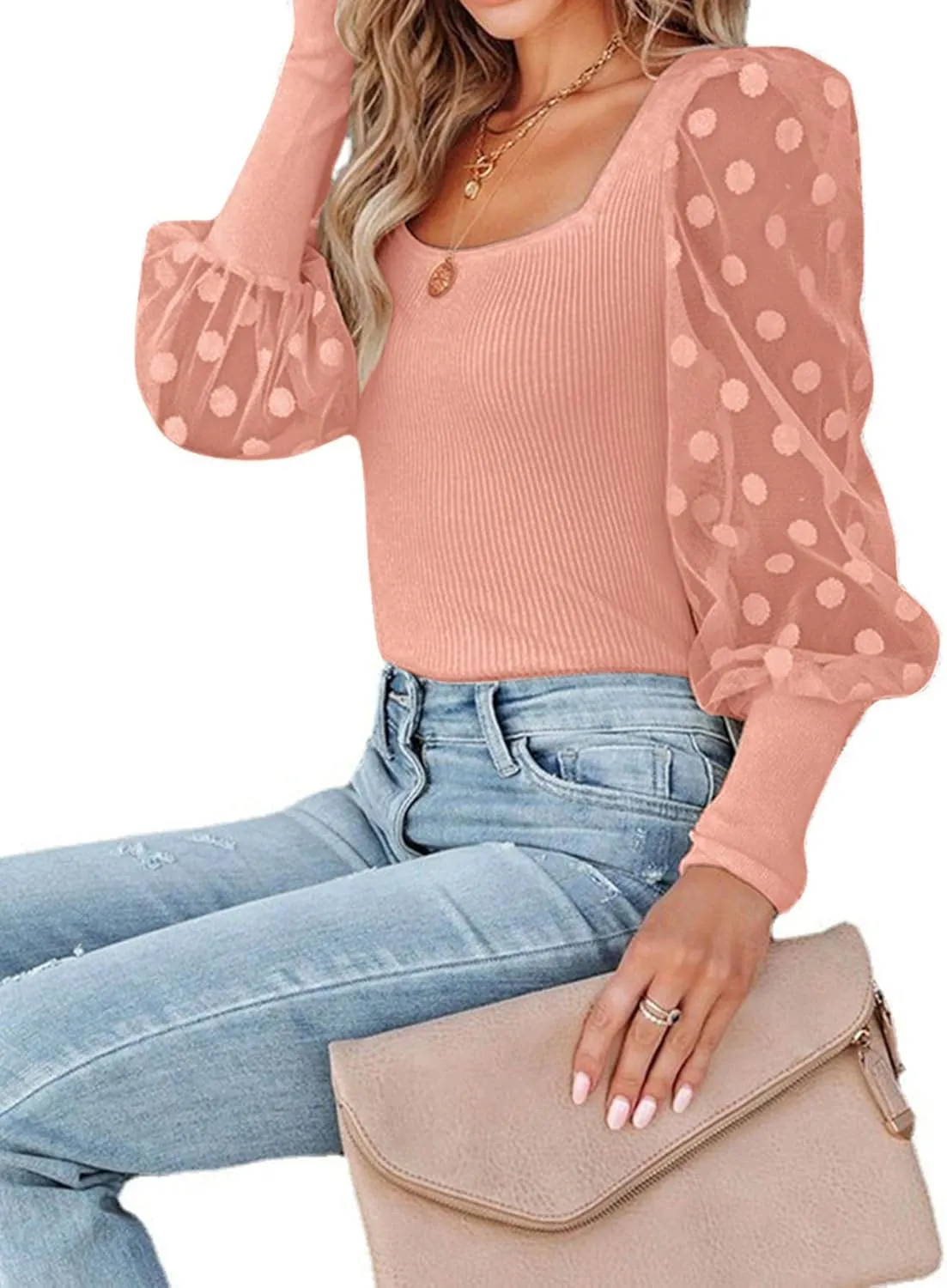 LYANER Womens Square Neck Blouse Sheer Mesh Lantern Sleeve Polka Dot Knit Business Casual Tops Shirts