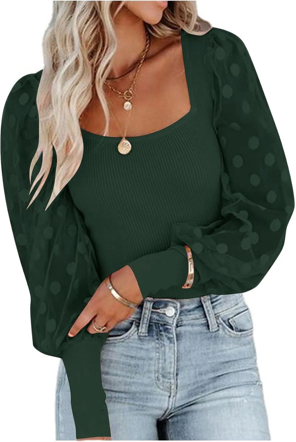 LYANER Womens Square Neck Blouse Sheer Mesh Lantern Sleeve Polka Dot Knit Business Casual Tops Shirts