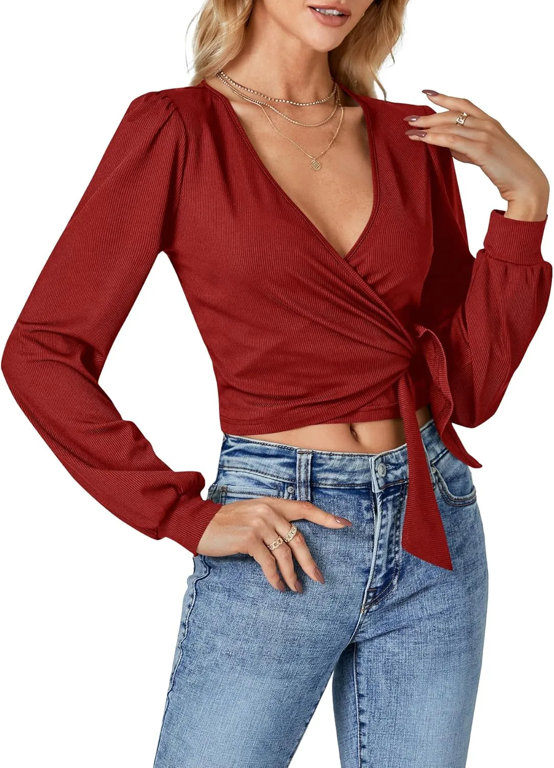 LYANER Women's Wrap V Neck Self Tie Knot Bishop Long Sleeve Ribbed Knit Crop Blouse T-Shirt Top