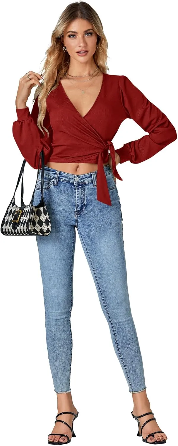 LYANER Women's Wrap V Neck Self Tie Knot Bishop Long Sleeve Ribbed Knit Crop Blouse T-Shirt Top