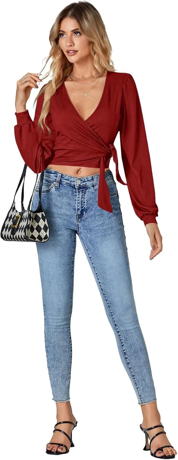 LYANER Women's Wrap V Neck Self Tie Knot Bishop Long Sleeve Ribbed Knit Crop Blouse T-Shirt Top