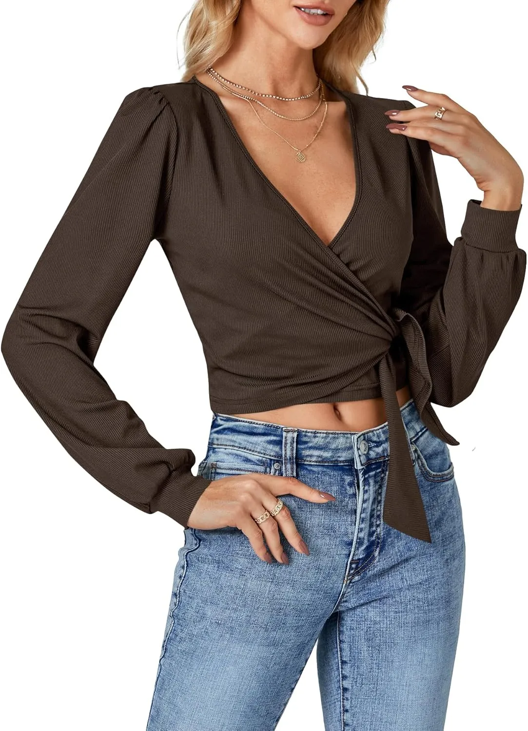 LYANER Women's Wrap V Neck Self Tie Knot Bishop Long Sleeve Ribbed Knit Crop Blouse T-Shirt Top