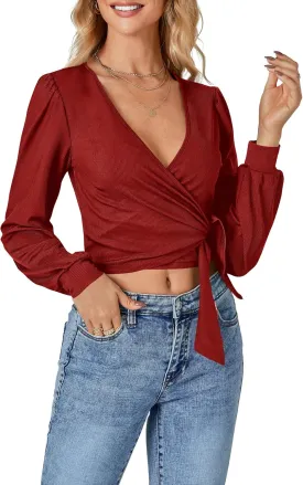 LYANER Women's Wrap V Neck Self Tie Knot Bishop Long Sleeve Ribbed Knit Crop Blouse T-Shirt Top