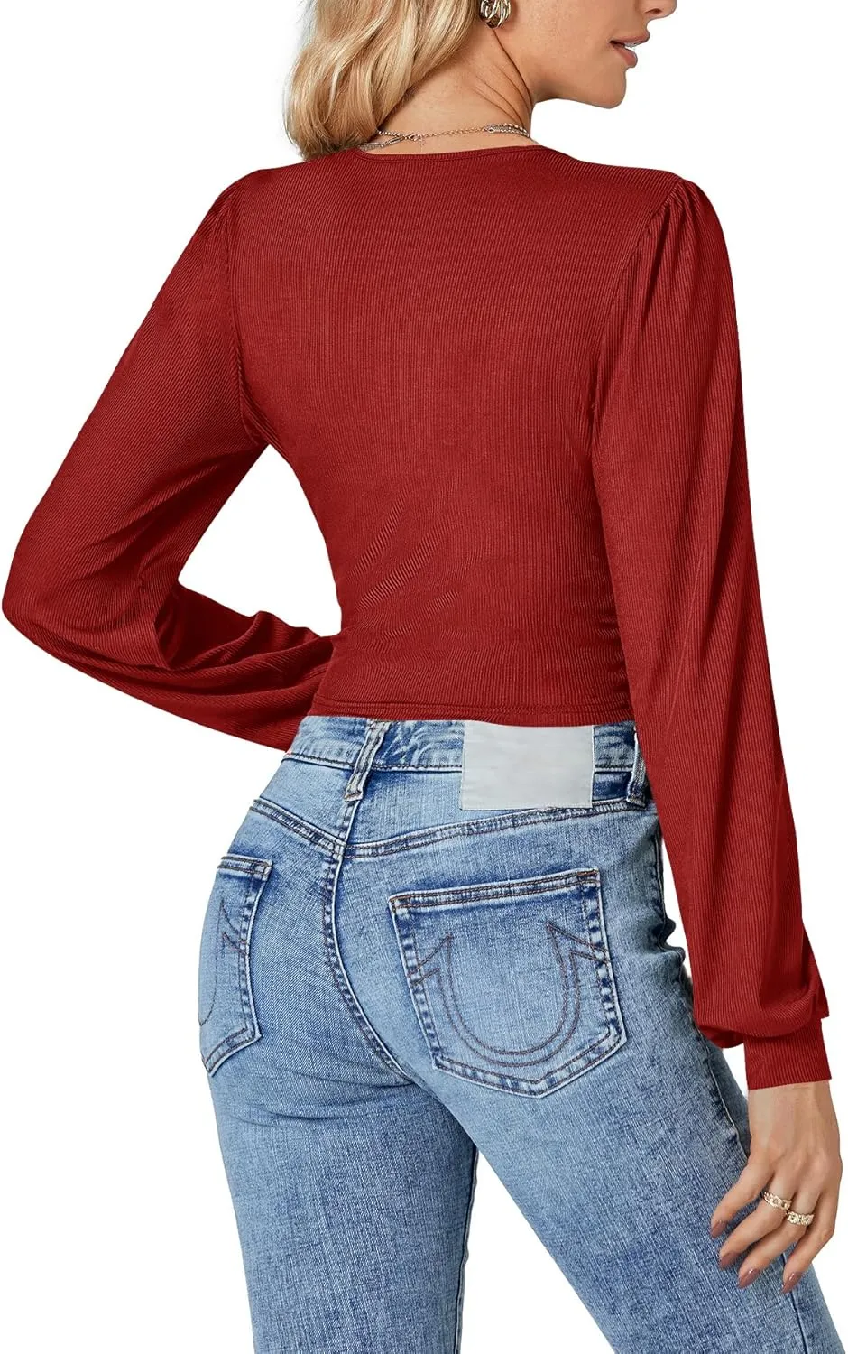 LYANER Women's Wrap V Neck Self Tie Knot Bishop Long Sleeve Ribbed Knit Crop Blouse T-Shirt Top