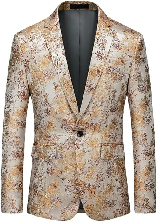 Men's Korean Slim Fit One Button Burnished Gold Floral Business Casual Blazer Jacket