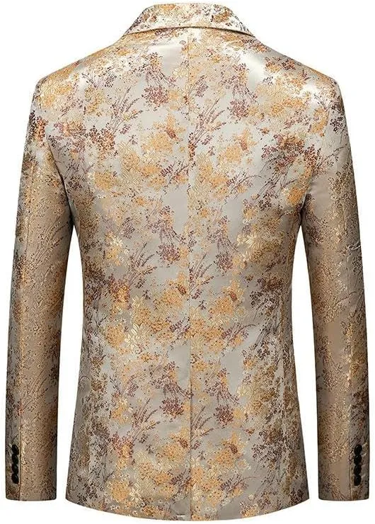 Men's Korean Slim Fit One Button Burnished Gold Floral Business Casual Blazer Jacket