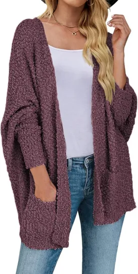 MEROKEETY Women's 2025 Winter Fuzzy Popcorn Batwing Sleeve Cardigan Knit Oversized Sherpa Sweater Coat