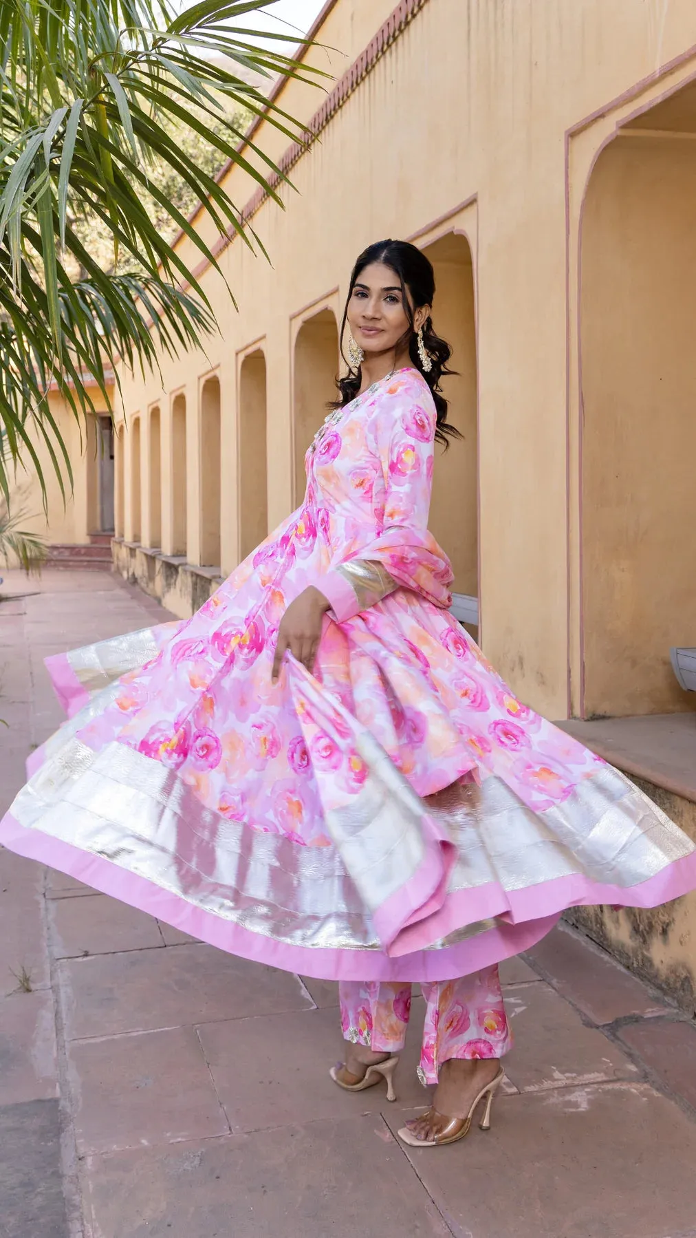 Muslin Pink Floral Print Anarkali Set with Chiffon Dupatta