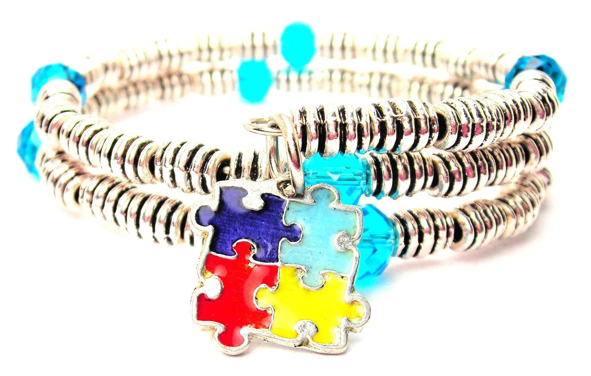 Painted Autism Puzzle Pieces Curly Coil Wrap Style Bangle Bracelet