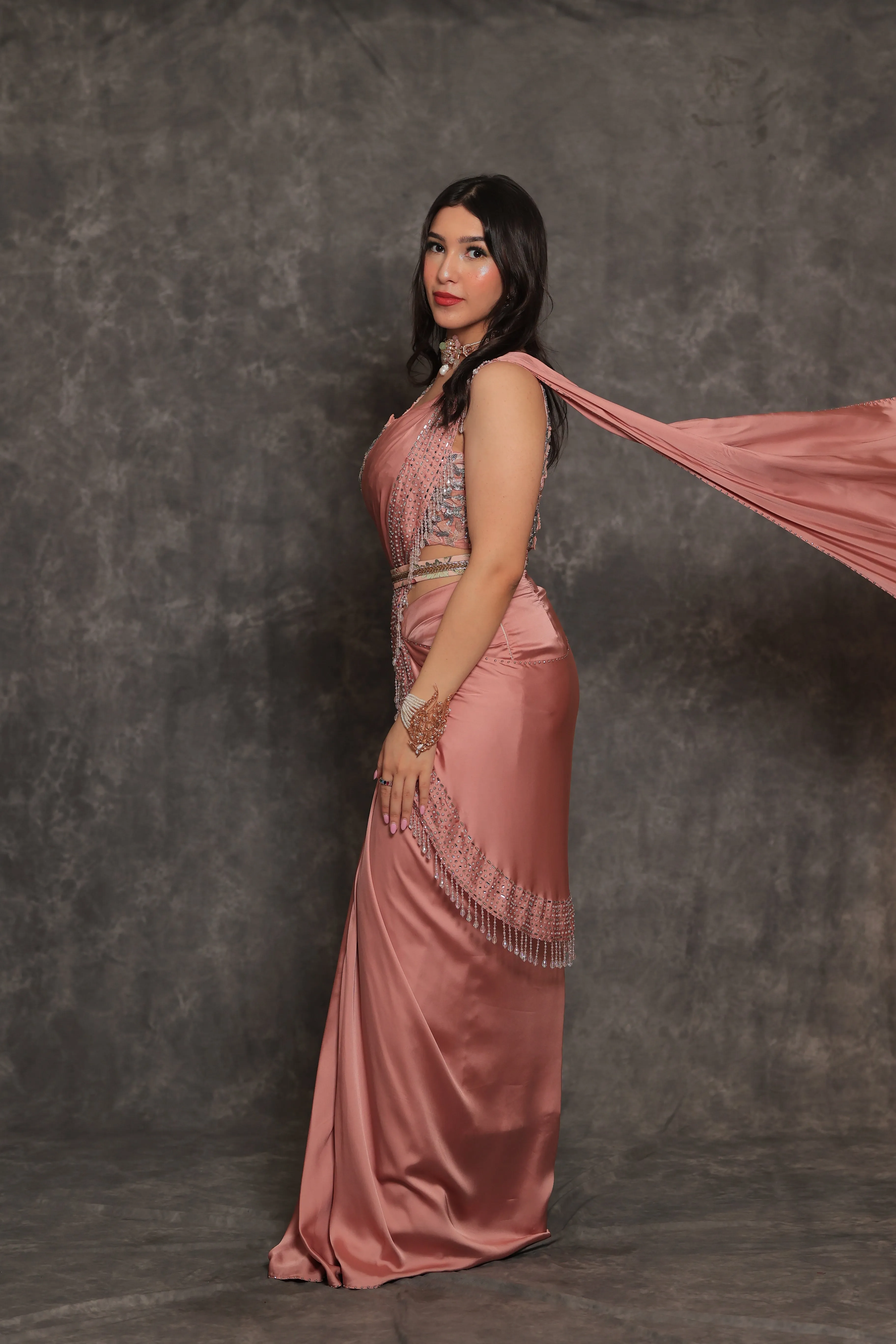 Pale Pink Stitched Saree Set